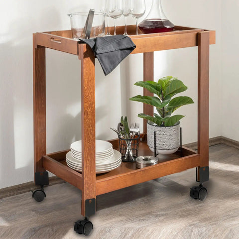 Slick Roll 1.5 Inch Swivel Casters With 1 Inch U Bracket 4 Pack under a wooden bar cart, enabling easy movement.