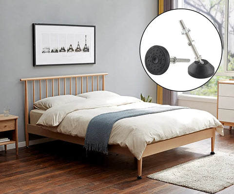 Adjustable Leveling Feet Set for Furniture and Tables, Swivel Levelers With 1.9 Inch Base shown next to bed on wooden floor.