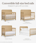 Four stages of Crib To Full Bed Conversion Rails For Cove Collection Wooden Bed Rails In Natural Oak Finish shown in transitions.