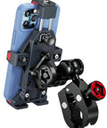 Heavy Duty Motorcycle Phone Mount With Silent Vibration Dampener And Lockdown Anti Theft Safety Knob For Cruiser And Sportbike Grips, showing adjustable cradle and sturdy clamp.
