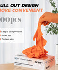 FINITEX orange nitrile disposable gloves; 100 count, size M, powder-free, being pulled from a box