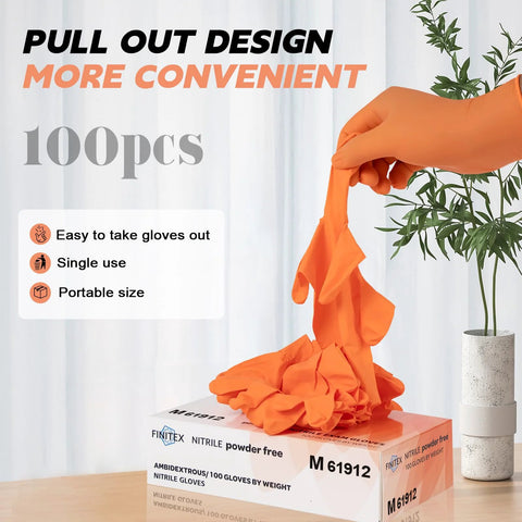 FINITEX orange nitrile disposable gloves; 100 count, size M, powder-free, being pulled from a box