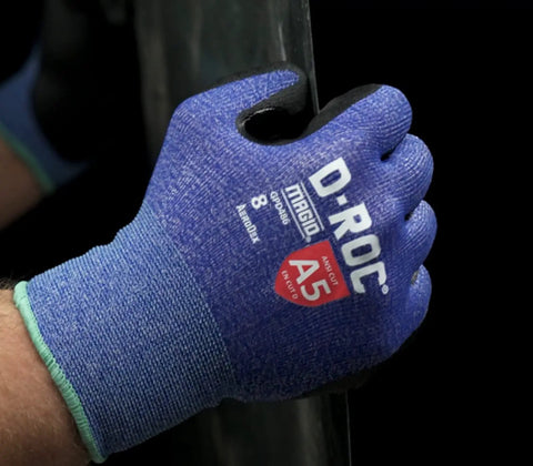 AeroDex 18 Gauge ANSI A5 Cut Resistant Work Gloves With Foam Nitrile Palm Coating, Size Large, blue glove gripping metal object