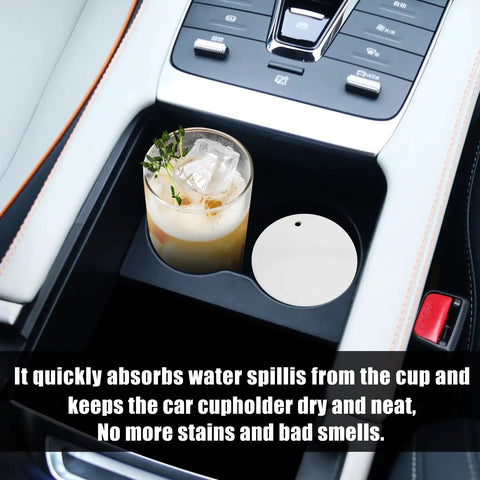 Car cupholder with round white porcelain disc from 40 Pieces Sublimation Ceramic Ornaments Blanks With Holes 2.95 Inch
