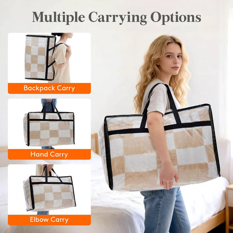 Roomy Clear Storage Sacks, Heavy Duty 60L Zippered Packing Bags For Seasonal Clothes And Bedding shown with multiple carrying options.