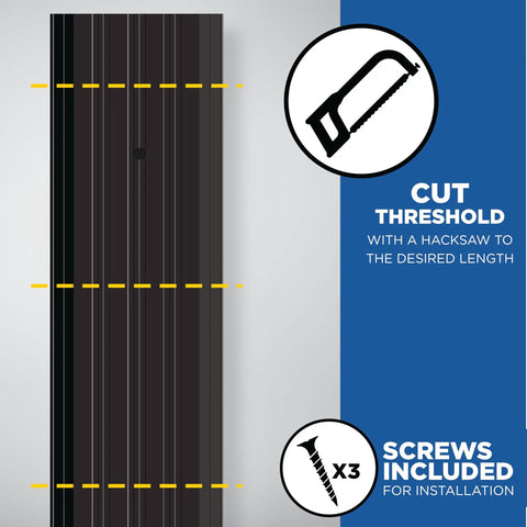 68395 Beefed-Up Aluminum Commercial Flat-Profile Threshold Bronze Finish showing cutting lengths and installation screws