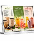 Knockout 23.8 Inch Countertop Digital Signage Display Featuring Bright 1080P IPS Screen And Breezy Cloud CMS Sync For Restaurant Cafe Or Retail Menu Boards showcasing milk tea, fruit tea, and smoothies.