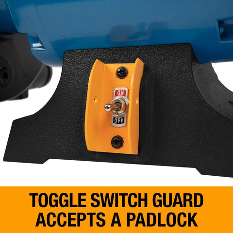 Heavy Duty 8 Inch Bench Grinder With 1/2 Hp Motor Rollin Out 1725 Rpm toggle switch guard with padlock feature.