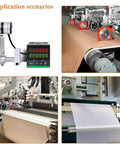 Built Tough Digital Cable Length Meter Counter measuring textile rolls in a factory setting with digital display and control panel.