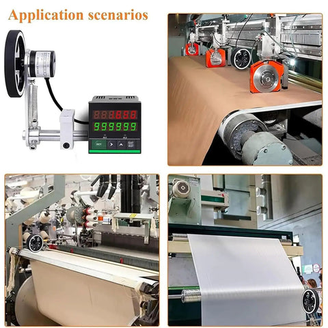 Built Tough Digital Cable Length Meter Counter measuring textile rolls in a factory setting with digital display and control panel.