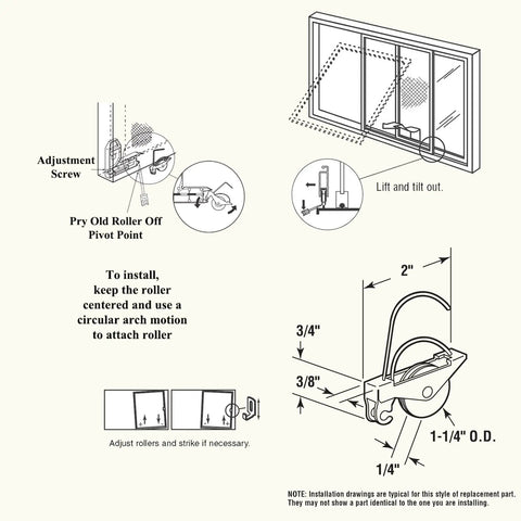 Installation instructions for 4 Pack Sliding Screen Door Tension Spring Rollers with 1-1/4 inch concave steel ball bearing for KDEX20 series.