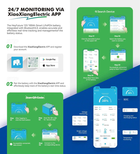 Instructions for setting up 12V 100Ah Bluetooth LiFePO4 Battery monitoring via XiaoXiangElectric App using smartphones.