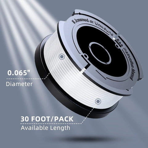 Close-up of 0.065-inch AF100 weed eater string refill spool showing 30-foot length for auto-feed system.