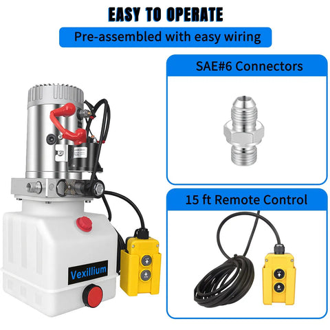 Beefy 4 Quart Hydraulic Power Unit for Dump Trucks and Trailers, 12V DC, 1600W, 2900 Psi with safety control and connectors.