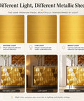 Gold Stainless Steel Look Peel And Stick Wallpaper Self Adhesive Cleanable Removable presenting light variations on cabinets