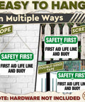 Durable 8x12 Inch Aluminum Safety Sign Life Line And Buoy with text 'Safety First: First Aid Life Line and Buoy', hanging options shown.