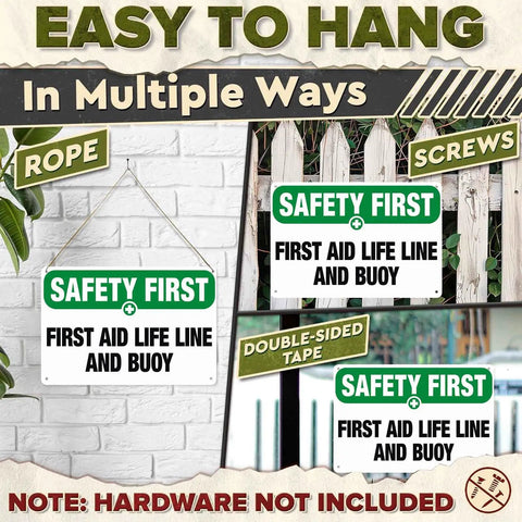 Durable 8x12 Inch Aluminum Safety Sign Life Line And Buoy with text 'Safety First: First Aid Life Line and Buoy', hanging options shown.