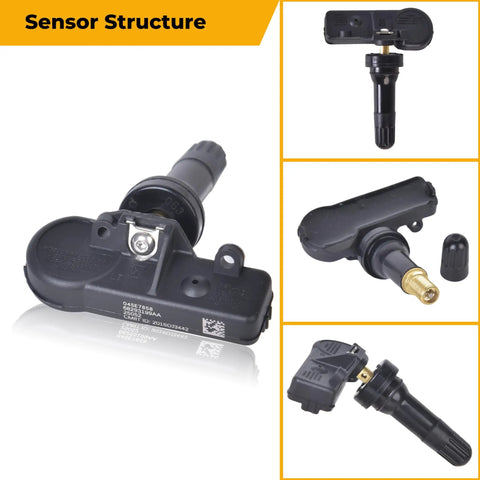 TPMS Sensors Set Of 4 Pre Programmed 433MHz Tire Pressure Sensor For RAM 1500 DT 2019 2024 Six Lug Replacement 68293199AA OBD II Relearn Required Professional Install Advised black sensor structure with brass valve stem