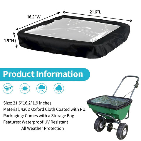 Beefy Hopper Cover For Fertilizer Spreader 420D Waterproof With Clear Window Fits P20-5010, shown with dimensions and material details.