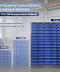 Heavy Duty 75 Drawer Parts Cabinet With Stainless Steel Frame And ABS Drawers, Bolt Bin Organizer for garage with 75 slots.