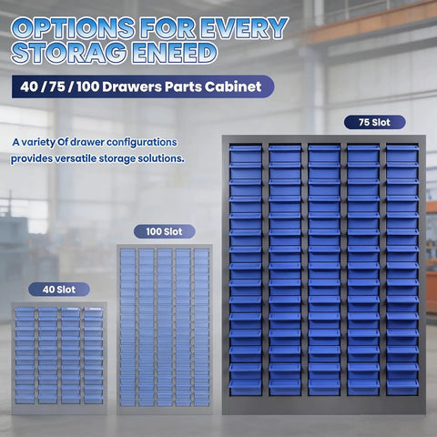 Heavy Duty 75 Drawer Parts Cabinet With Stainless Steel Frame And ABS Drawers, Bolt Bin Organizer for garage with 75 slots.