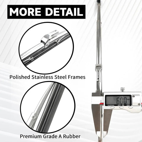 Detail of 12 Inch Straight Shooter Stainless Steel Bayonet Wiper Blades Set Of Two with polished stainless steel frames and premium grade rubber.
