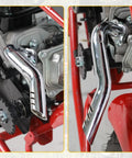 Close-up of Mini Bike Exhaust Header Pipe Kit For Predator 212cc 224cc 196cc And Other OHV Clone Engines installed on a frame.