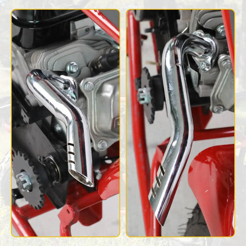 Close-up of Mini Bike Exhaust Header Pipe Kit For Predator 212cc 224cc 196cc And Other OHV Clone Engines installed on a frame.