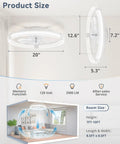 Slick 20 Inch Low Profile Ceiling Fan With Light Remote 7 Blades, product size dimensions in a modern living room setting.
