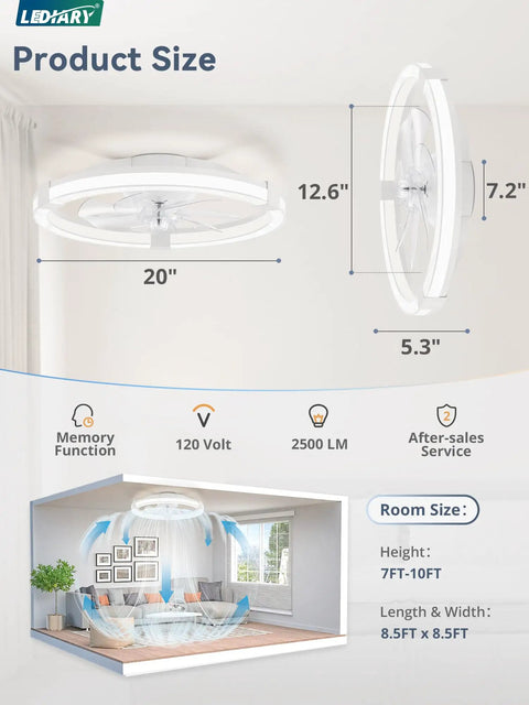 Slick 20 Inch Low Profile Ceiling Fan With Light Remote 7 Blades, product size dimensions in a modern living room setting.