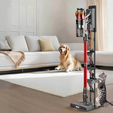Universal Storage Stand For Dyson And Most Cordless Vacuums With A Heavy Duty Carbon Steel Base in a living room setup.