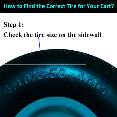4.10/3.50-4 Solid Tire Replacement with 3/4 and 5/8 Bearing sidewall showing size marking on tire