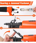 Totally Badass Pneumatic Brad Nailer And Furniture Staple Gun showing the process of clearing a jammed fastener with detailed parts.