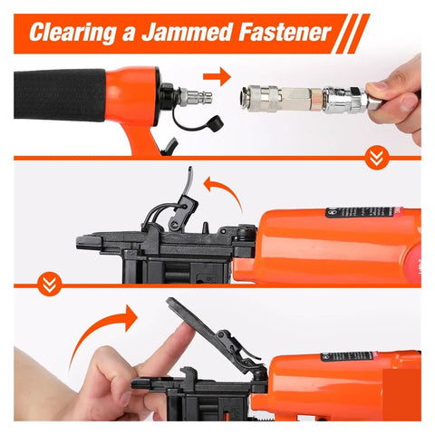 Totally Badass Pneumatic Brad Nailer And Furniture Staple Gun showing the process of clearing a jammed fastener with detailed parts.