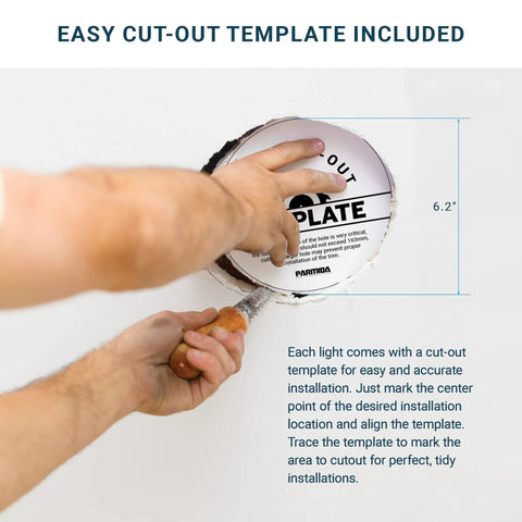 Hand using template to install 6 Inch Ultra Thin LED Recessed Ceiling Light With Junction Box Pack Of 12, 12W Dimmable Canless Wafer Slim Panel Downlight, IC Rated, ETL Listed, 2700K Warm White, Easy 2 Inch Ceiling Clearance Install.