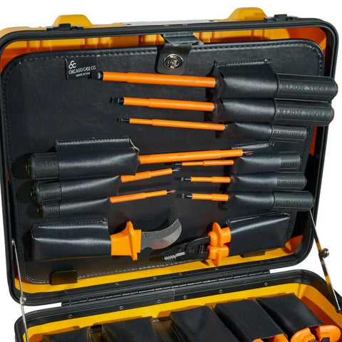 General Purpose Insulated Tool Kit 1000-Volt Rated 22-Piece Set in lockable 3-pallet case, interior view