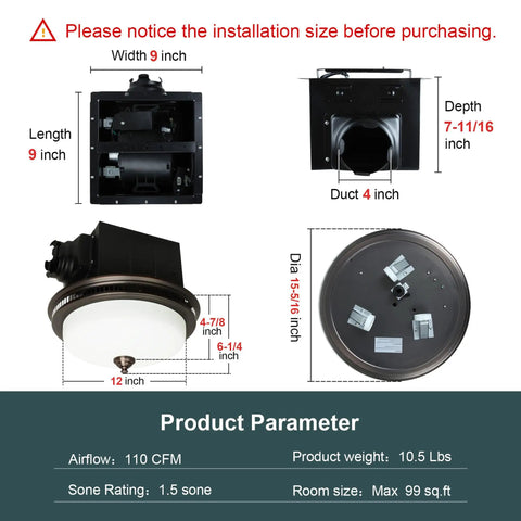 Ultra Quiet Bath Exhaust Fan With Light 110 CFM 1.5 Sones Ventilation dimensions and components diagram