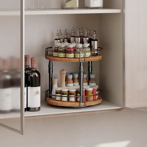 Smooth Spin Two Tier Lazy Susan Spice Rack Organizer With Adjustable Height For Kitchen Counter And Cabinet Storage Rustic Brown Finish featuring spices and wine bottles in a cupboard.