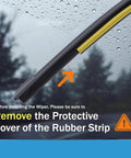 Top Shelf Front And Rear Windshield Wiper Blades For 2024 To 2026 Chevrolet Trax showing installation instruction with protective cover removal alert.