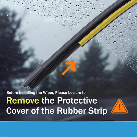 Top Shelf Front And Rear Windshield Wiper Blades For 2024 To 2026 Chevrolet Trax showing installation instruction with protective cover removal alert.