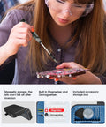 All In One 130 In 1 Pro Grade Magnetic Screwdriver Set With 120 Bits And Tweezers used to repair electronics by a woman in goggles