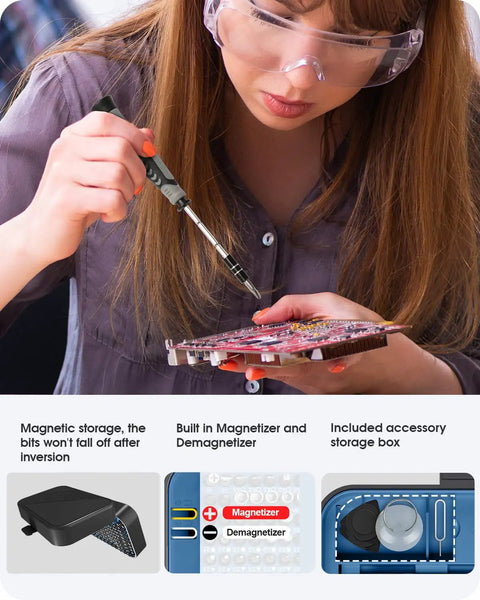 All In One 130 In 1 Pro Grade Magnetic Screwdriver Set With 120 Bits And Tweezers used to repair electronics by a woman in goggles