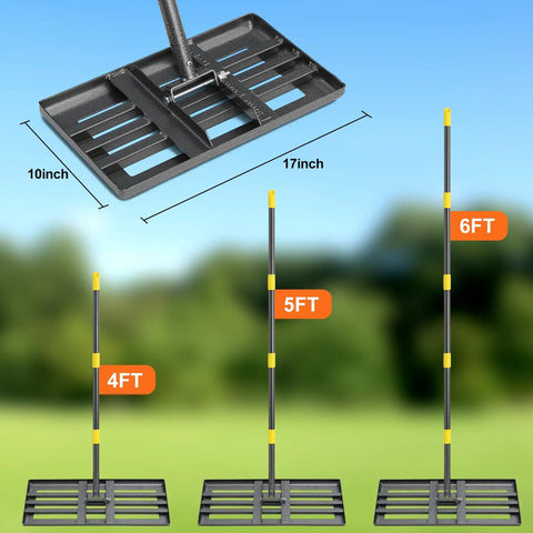 Beastly 60 Inch Adjustable Lawn Leveling Rake With Heavy Duty Flat Head And 1 Inch Diameter Stainless Steel Handle shown in 3 heights