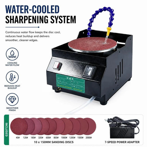 Heavy Duty Wet Dry Bench Sander And Electric Knife Sharpener With Water Cooling System features a water-cooled sharpening system and sanding discs.
