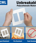 Hands holding Matte White Screwless Wall Plate 2-Gang Decorator Outlet Covers 4 Pack Modern Home Upgrade Scratch Resistant Polycarbonate Standard Size 4.68 by 4.72 Inches demonstrating impact resistance.