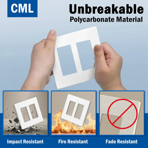 Hands holding Matte White Screwless Wall Plate 2-Gang Decorator Outlet Covers 4 Pack Modern Home Upgrade Scratch Resistant Polycarbonate Standard Size 4.68 by 4.72 Inches demonstrating impact resistance.