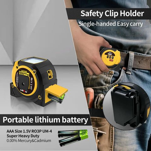3 In 1 Laser Rangefinder Tape Measure With Digital LCD Readout Pro Grade 131 Ft Range 0.1 Inch Accuracy 16 Ft Steel Tape Class II 620 To 670Nm Laser Heavy Duty Belt Clip Built For DIYers And Pros On The Job. Yellow-and-black laser rangefinder with safety clip holder and AAA battery compartment on a belt