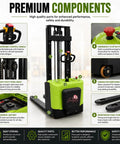 Heavy-Duty Electric Stand-On Pallet Stacker With Two-Stage Mast And 1.5-Ton Capacity showing ergonomic control handle and durable components.