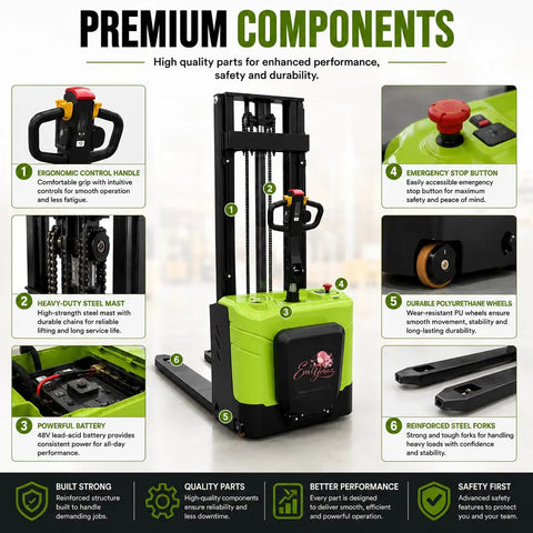 Heavy-Duty Electric Stand-On Pallet Stacker With Two-Stage Mast And 1.5-Ton Capacity showing ergonomic control handle and durable components.