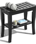 Waterproof Bamboo Shower Bench And Stool With Storage Shelf For Inside Shower Black Your Bathroom Sidekick Sturdy Anti Slip Seat Supports Up To 300 Lbs And Cleans Easy For Wet Zones showing black bamboo structure with towel and soap holder.